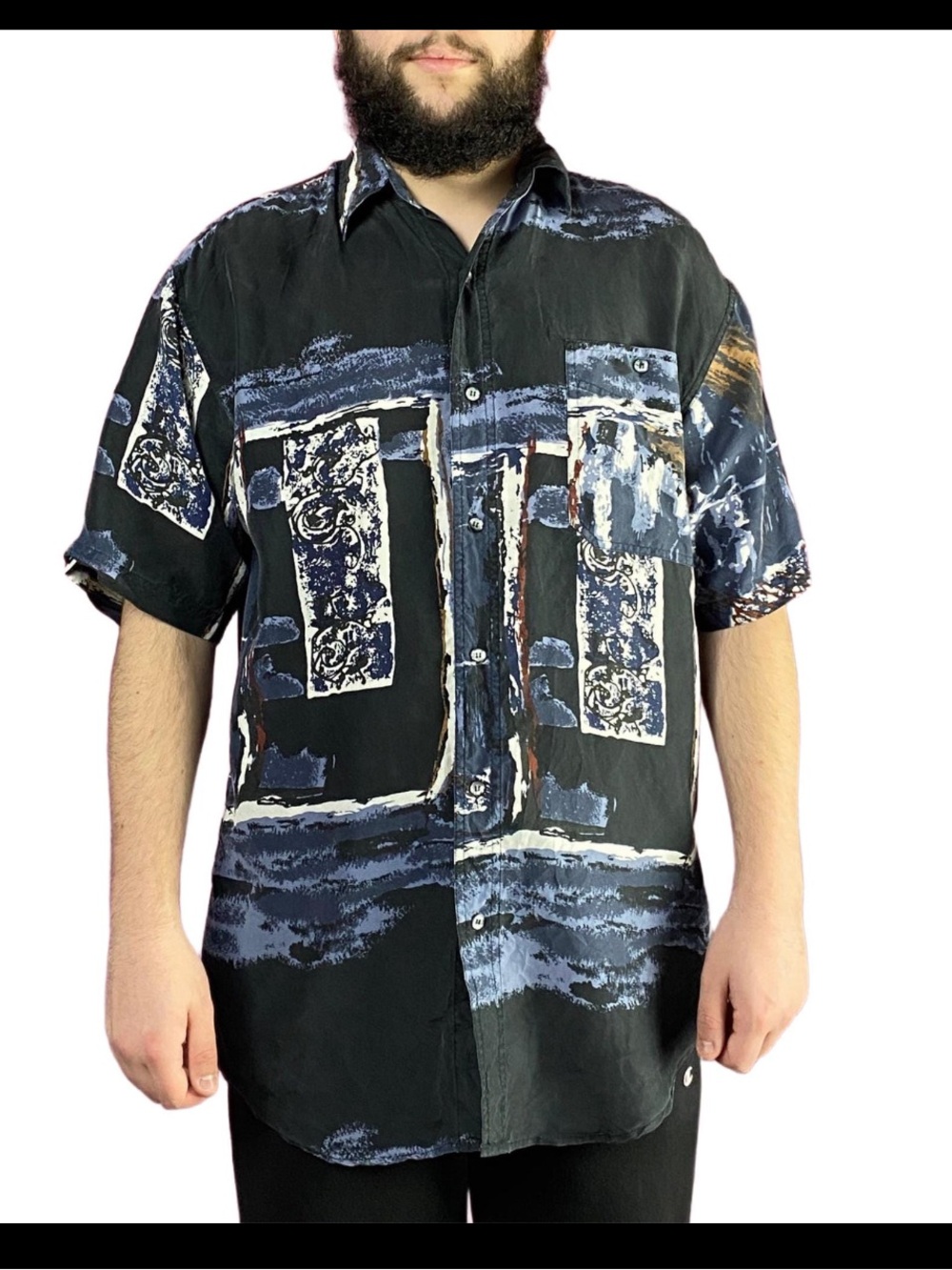 Style & Substance NWT 90s Vintage Men's Short Sleeve Shirt - L Black Silk